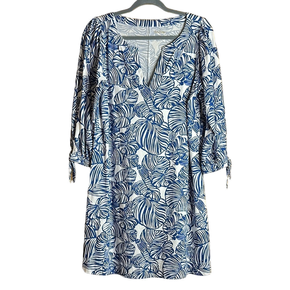 Lilly Pulitzer Cath Blue and White Midi Dress with V-Neck Size L - EUC